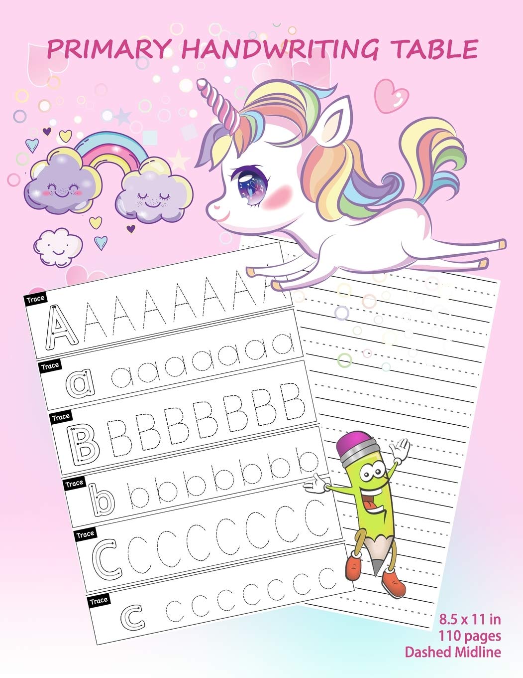 Primary Handwriting Tablet: 110 blank writing sheets for kindergarten to 3rd grade students (Large 8.5x11 Inches), glossy cover. Cute kawaii unicorn handwriting book for girls.