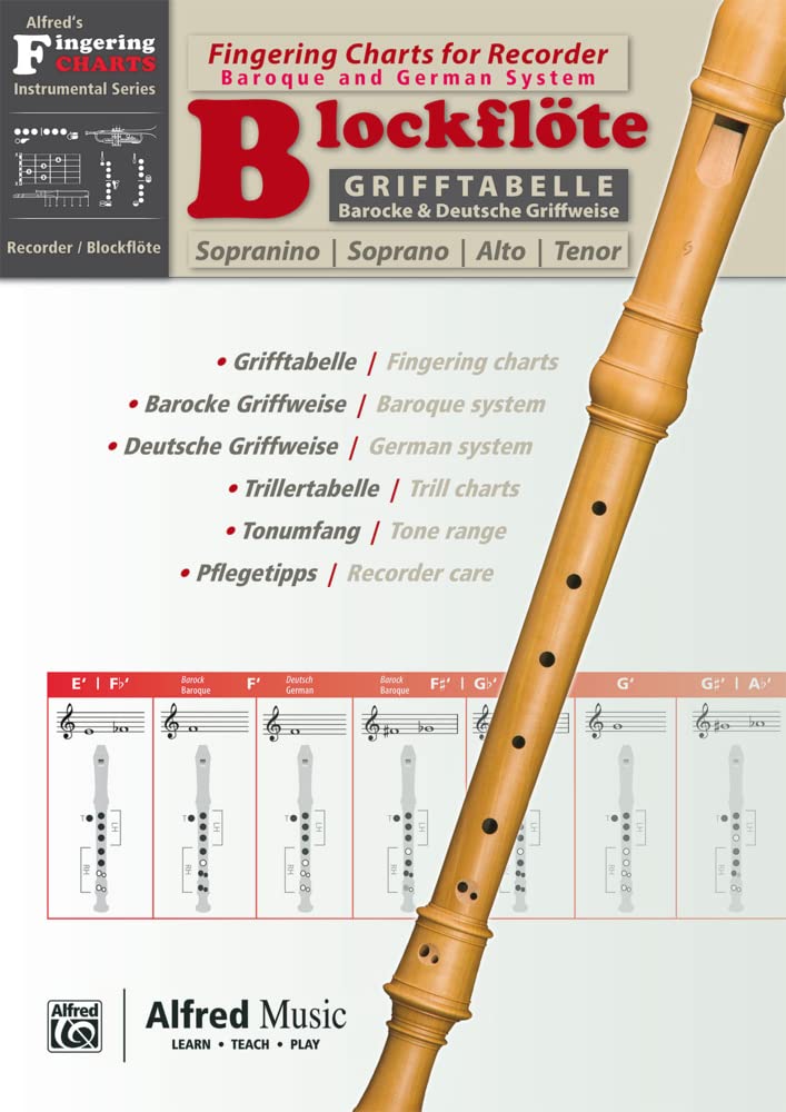 Alfred's Fingering Charts Instrumental Series: Grifftabelle Blockflöte | Fingering Chart Recorder | Blockflöte | Buch: Zweisprachige Grifftabelle ... Tonumfang, Pflege und zur Blockflöten-Familie
