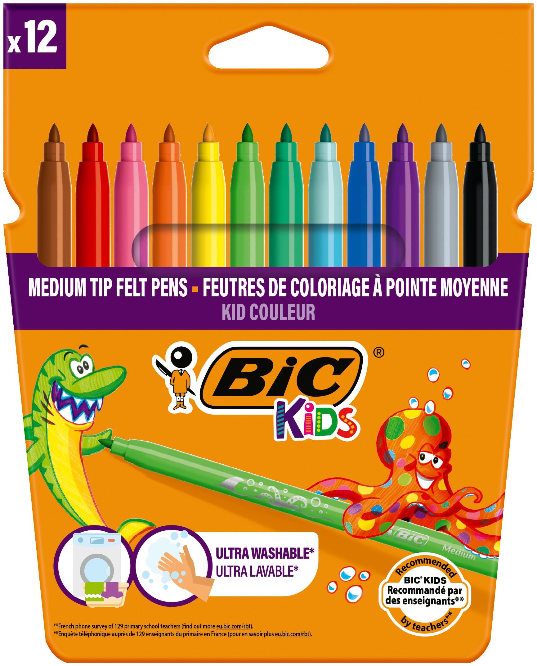 BIC Kids Kid Couleur Ultra Yıkanabilir Keçeli Boya Kalemi 12 Renk, Kolayca Çoğu Kumaştan Çıkar, Su Bazlı Keçeli Kalem