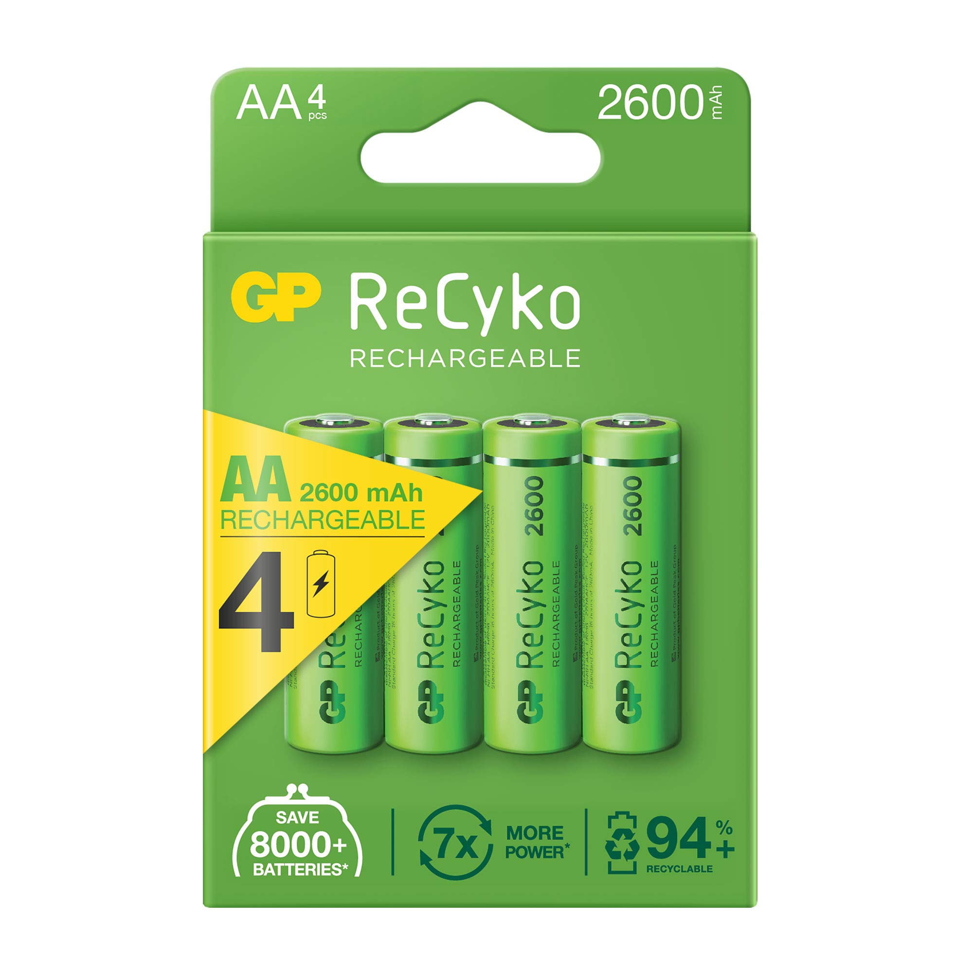 GP Batteries Recyko+ 2700 Series AA Kalem Ni-MH Şarjlı Pil, 1.2 Volt, 4'lü Kart, 2600 MAh, Yeşil/Siyah