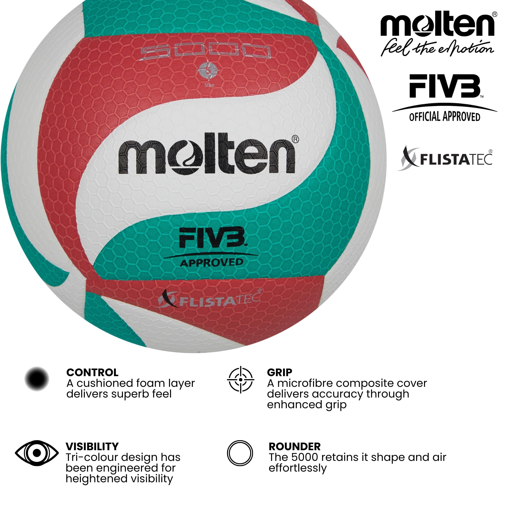 molten V5M5000 yetişkin voleybol topu, yeşil/beyaz/kırmızı, 5