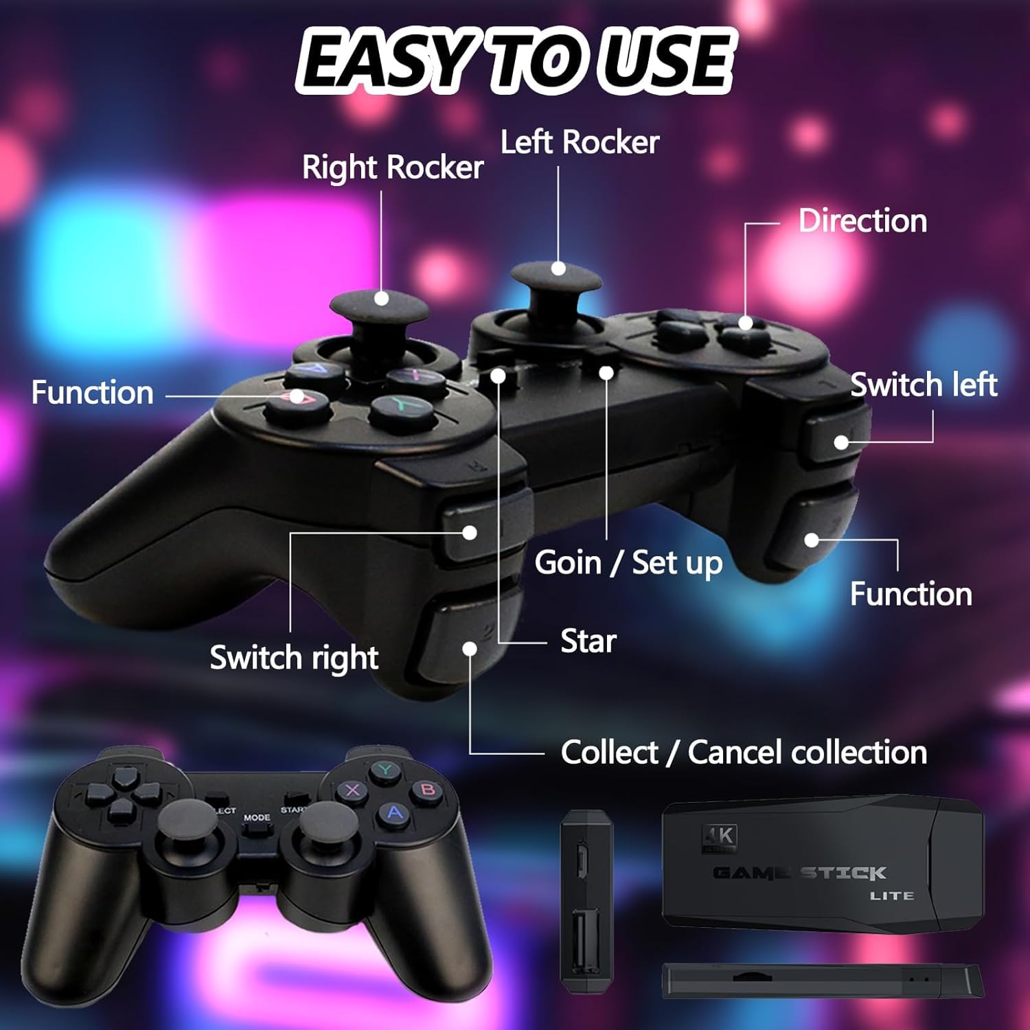 Retro Video Oyun Konsolu, 20.000+ Klasik Oyun Konsolu, 64G 4K HDMI Çıkışı Game Stick, İki Kablosuz Oyun Konsolu 2.4G Tak ve Çalıştır TV Çubuğu Taşınabilir Konsol Retro