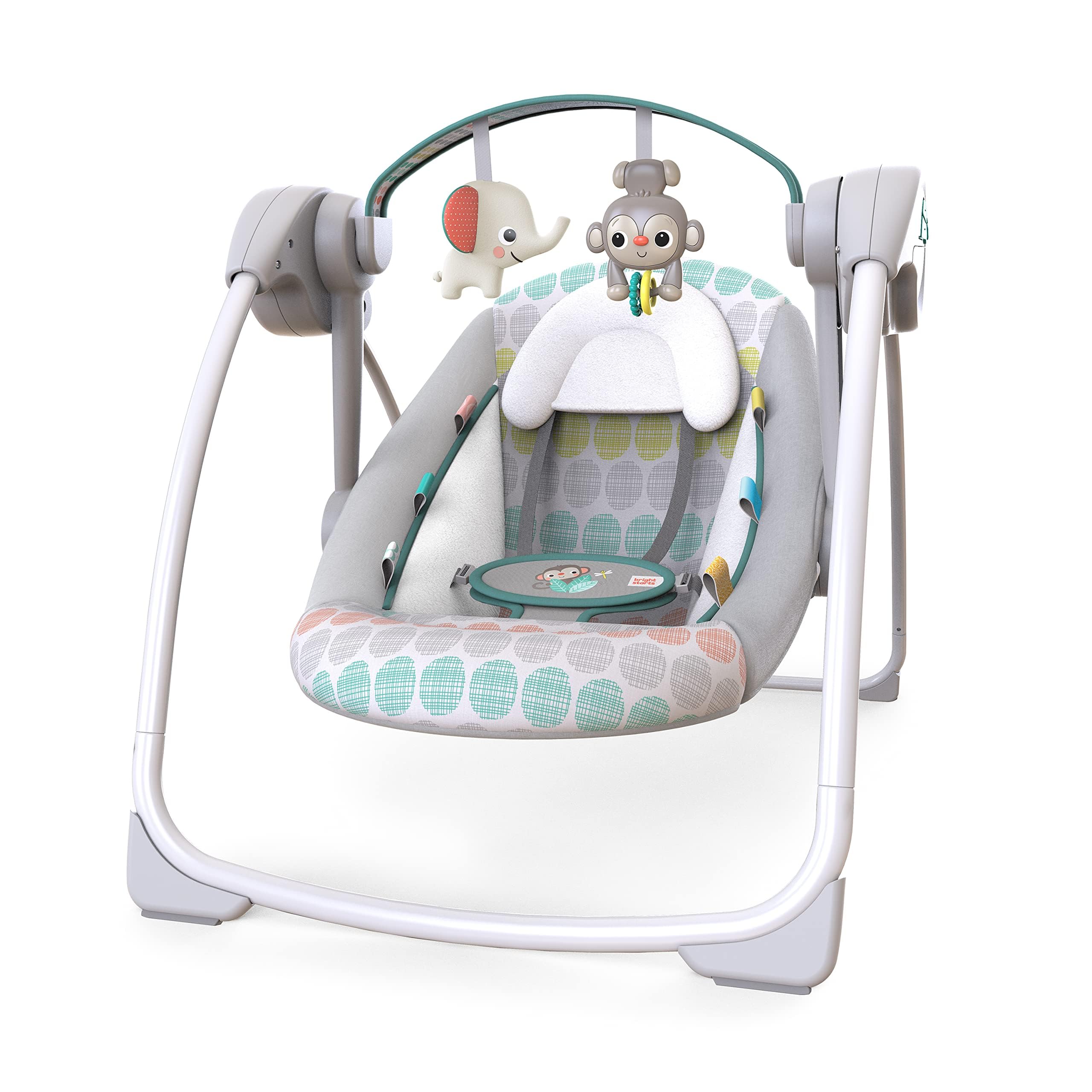 Bright Starts Bebek Salıncağı, Uyarlanabilir Hız, Kumaş Oyuncaklar, Müzik, Çıkarılabilir Oyuncak Barı, 0-9 Ay 3-9 kg (Tuhaf Vahşi) ile Portatif Otomatik 6 Vitesli