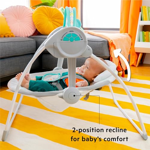 Bright Starts Bebek Salıncağı, Uyarlanabilir Hız, Kumaş Oyuncaklar, Müzik, Çıkarılabilir Oyuncak Barı, 0-9 Ay 3-9 kg (Tuhaf Vahşi) ile Portatif Otomatik 6 Vitesli