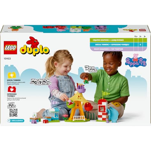 LEGO DUPLO Peppa Pig Lunapark 10453-2 Yaş ve Üzeri Kız ve Erkek Çocuklar için Dönme Dolap, Kaydırak, Meyve Suyu Barı ve Köpek ve Kedi Dahil 3 Figür İçeren Yaratıcı Oyuncak Yapım Seti (53 Parça)
