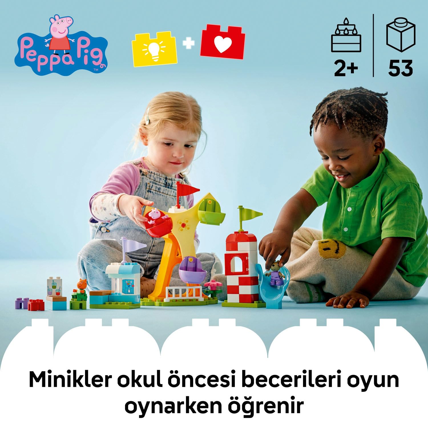 LEGO DUPLO Peppa Pig Lunapark 10453-2 Yaş ve Üzeri Kız ve Erkek Çocuklar için Dönme Dolap, Kaydırak, Meyve Suyu Barı ve Köpek ve Kedi Dahil 3 Figür İçeren Yaratıcı Oyuncak Yapım Seti (53 Parça)