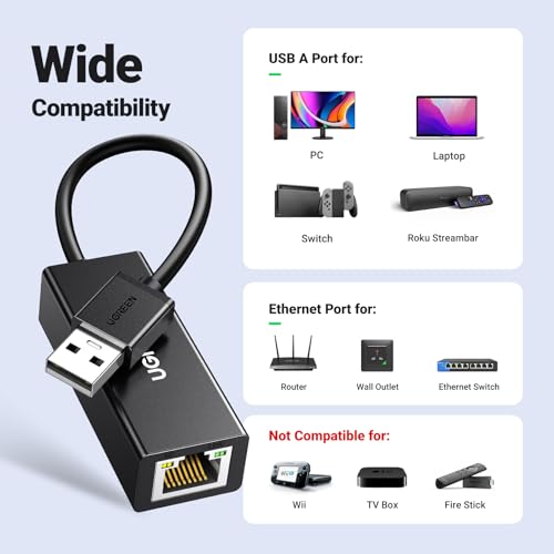 UGREEN Usb 2.0 Rj45 Ethernet Adaptörü 100Mbps Mac Os Windows 10 8 7 Pc Dizüstü Bilgisayar Switch Vb. İle Uyumludur. (Siyah)