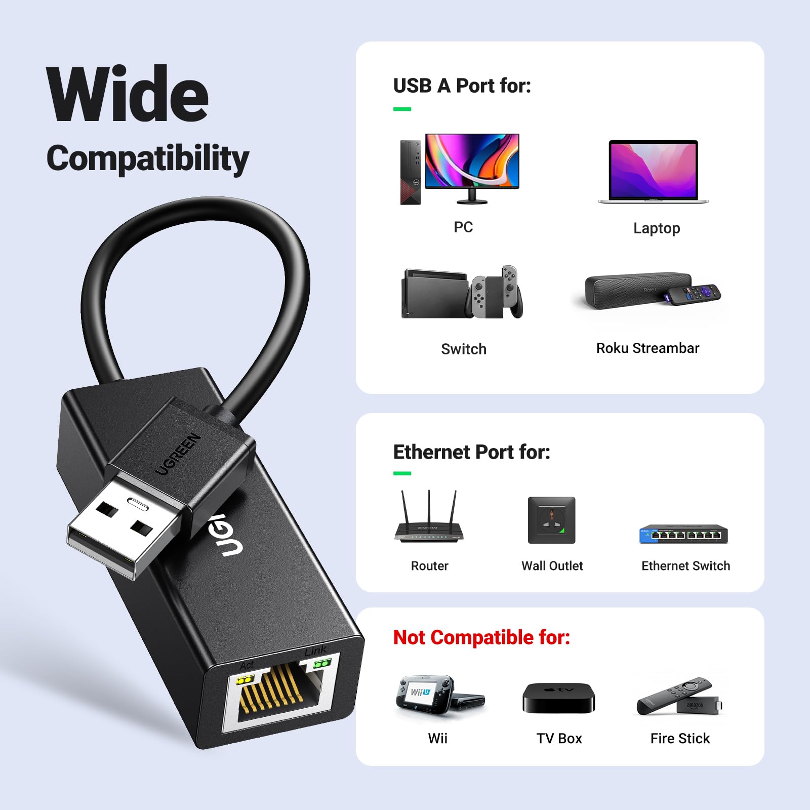 UGREEN Usb 2.0 Rj45 Ethernet Adaptörü 100Mbps Mac Os Windows 10 8 7 Pc Dizüstü Bilgisayar Switch Vb. İle Uyumludur. (Siyah)