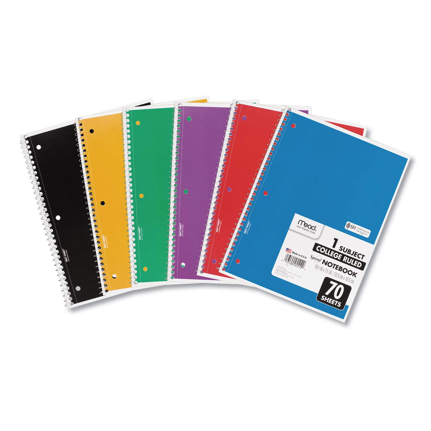 Mead Spiral Notebooks, 1 Subject, College Ruled Paper, 70 Yaprak, Renkli Not Defterleri, Çizgili Kağıt, Ev Okul Malzemeleri & K-12, 10 1/2" x 8", Çeşitli Renkler, 6 Paket (73065)