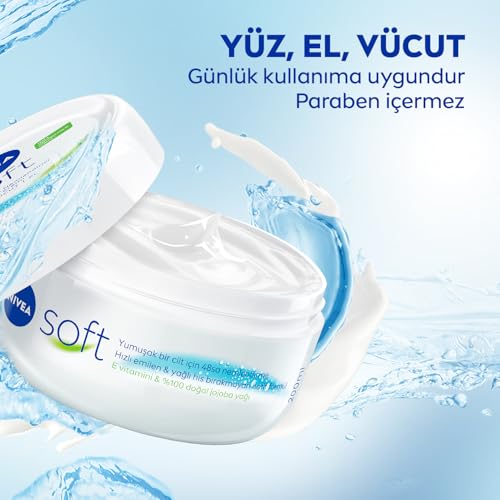 NIVEA Soft Nemlendirici Bakım Kremi 300 ml, 48 Saat Nemlendirme, Jojba Yağı,E Vitamini, Yüz,El,Vücut İçin,Paraben İçermez