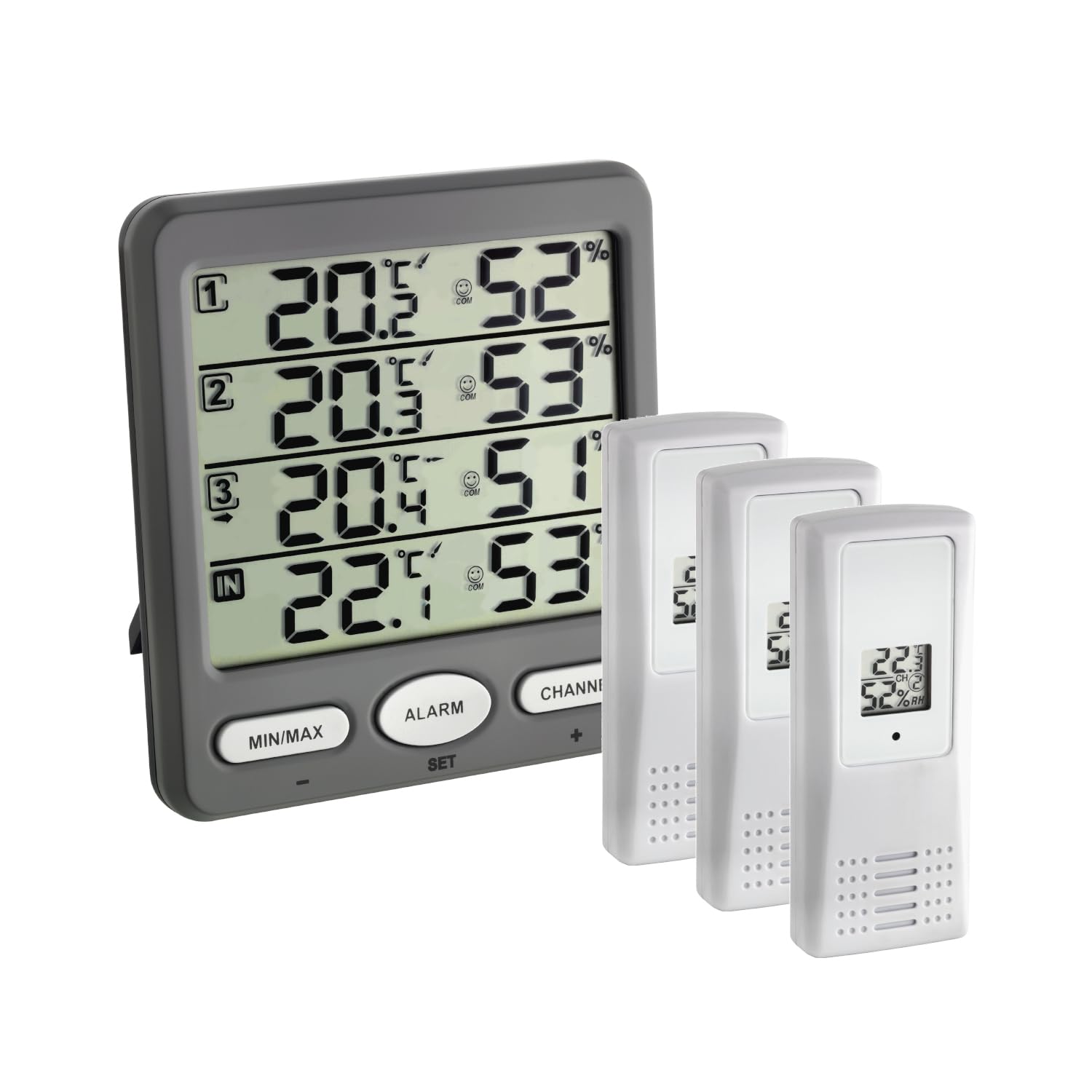 TFA Dostmann Klima-Monitor Funk-Thermo-Hygrometer mit 3 Sendern, Kunststoff, Grau