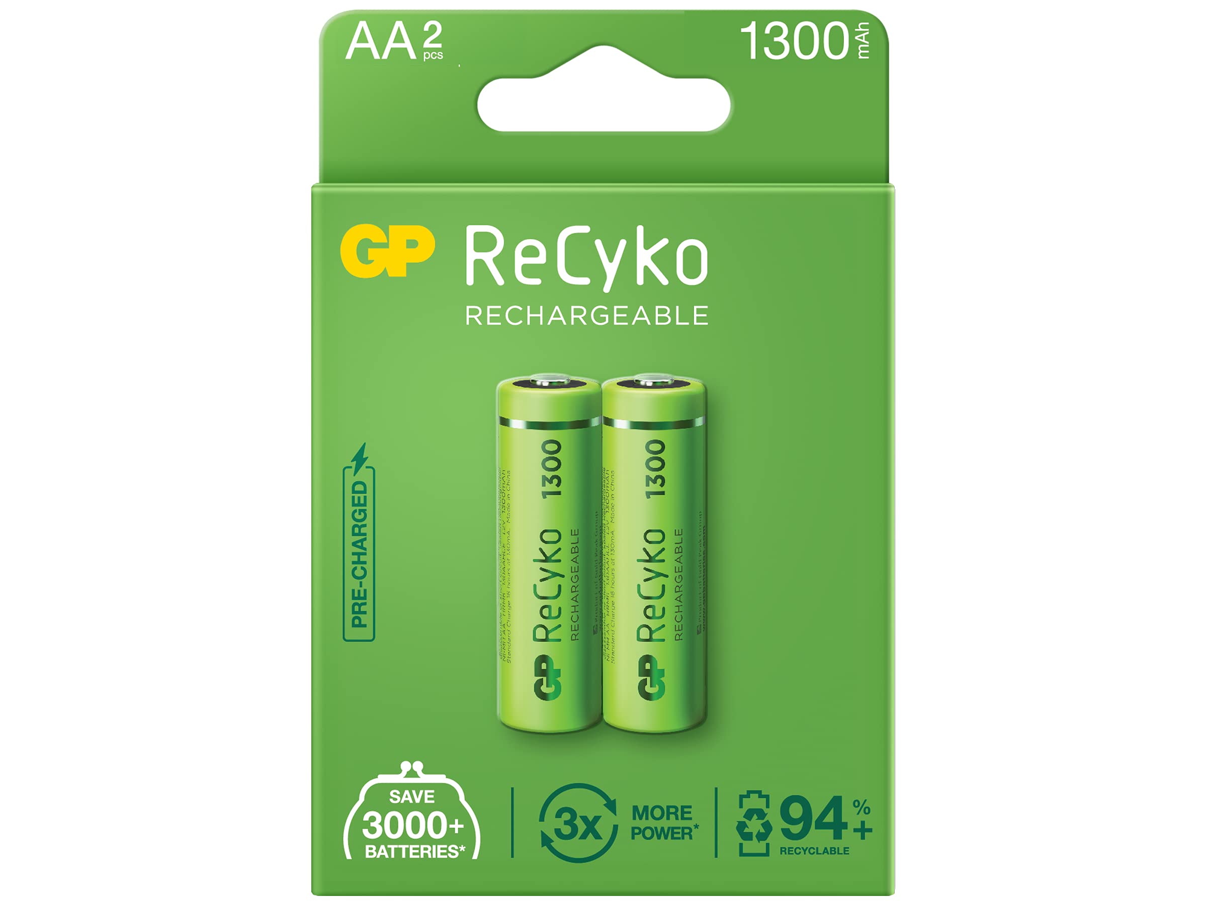 GP Batteries Recyko+ 1300 AA Kalem Ni-MH Şarjlı Pil, 1.2 Volt, 2'li Kart, Yeşil/Siyah