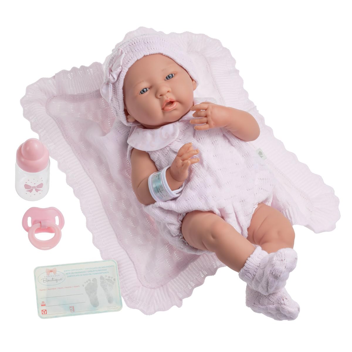 JC TOYS Berenguer Baby-Puppe in Rosa Strickstrampler mit Decke, Vinyl, Mädchen