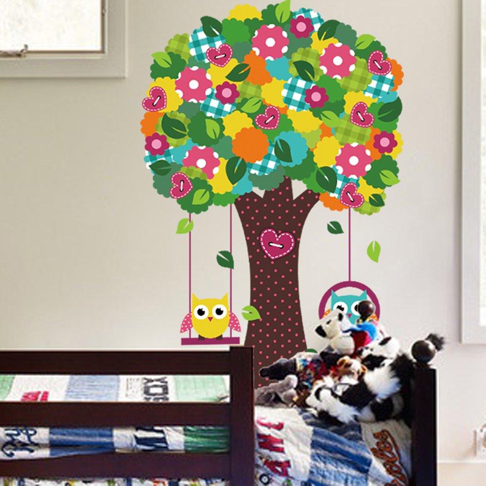 Crystal Kids Bebek ve Çocuk Odası Dekorasyonu Renkli Ağaç ve Baykuşlar PVC Duvar Sticker Yapıştırma Dekor
