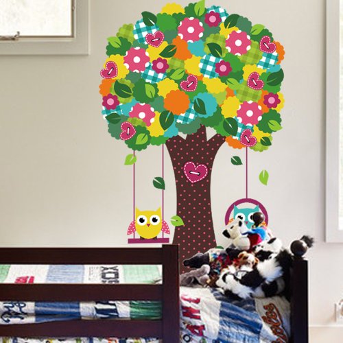 Crystal Kids Bebek ve Çocuk Odası Dekorasyonu Renkli Ağaç ve Baykuşlar PVC Duvar Sticker Yapıştırma Dekor