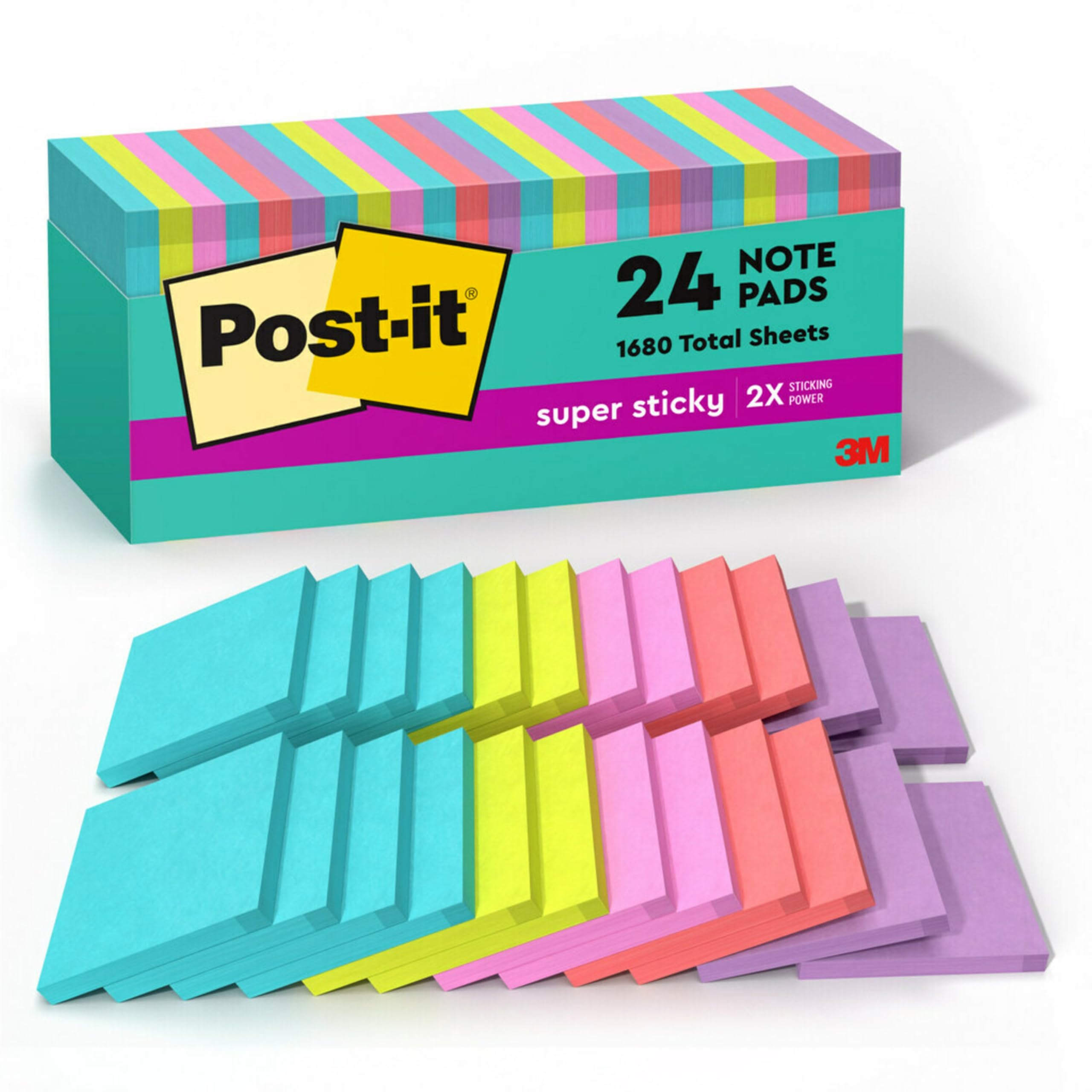 Post-it Süper Yapışkan Notlar, 24 Not Defteri, 3x3 inç, 2 x Yapıştırma Gücü, Okul Malzemeleri ve Ofis Ürünleri, Dikey Yüzeyler için Yapışkan Notlar, Monitörler, Duvarlar ve Pencereler, Süpernova Neons