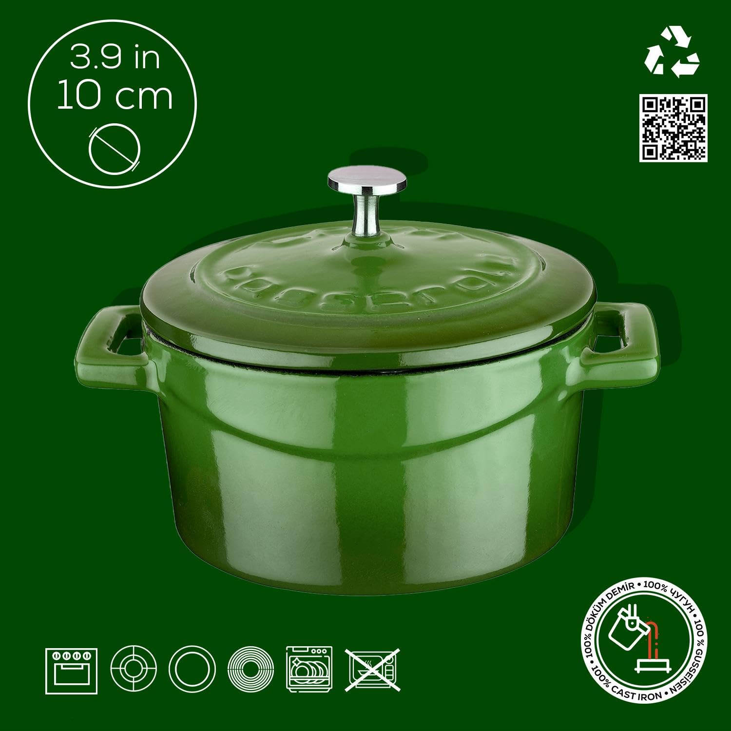Lava Metal Döküm Mini Tencere, Trendy, 10 cm, 0.35 L Hacim, Yeşil