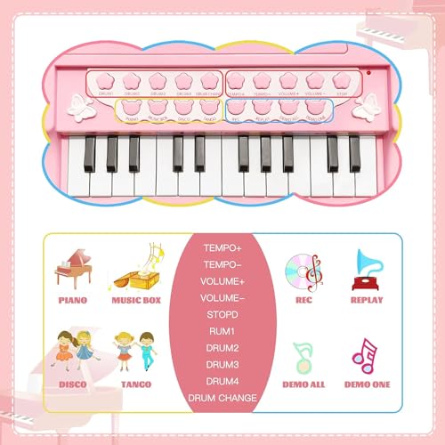 Love&Mini Çocuklar için piyano oyuncak klavye doğum günü hediyesi yaş 1+pembe 24 tuşları yürümeye başlayan piyano müzik oyuncak aletleri mikrofon ile