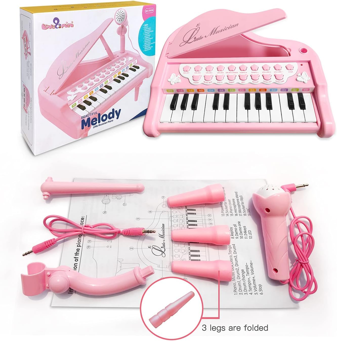 Love&Mini Çocuklar için piyano oyuncak klavye doğum günü hediyesi yaş 1+pembe 24 tuşları yürümeye başlayan piyano müzik oyuncak aletleri mikrofon ile