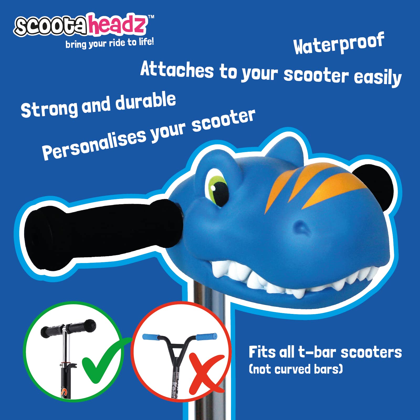 Scootaheadz Hai: Çocuklar için Scooter aksesuarı, Scooter, köpek balığı kafası, mavi, kırmızı ve gümüş rengi, standart 2 ve 3 tekerlekli scooter için uygundur.