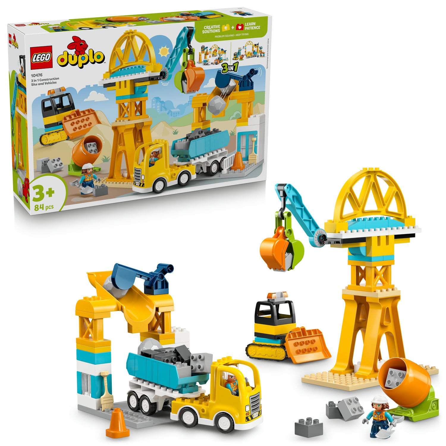 LEGO DUPLO Kasabası 3'ü 1 Arada İnşaat Sahası ve Araçları 10476-3 Yaş ve Üzeri Kız ve Erkek Çocuklar için 2 Figür İçeren Eğitici Oyuncak Yapım Seti, Çocuklara Doğum Günü Hediyesi Fikri (84 Parça)
