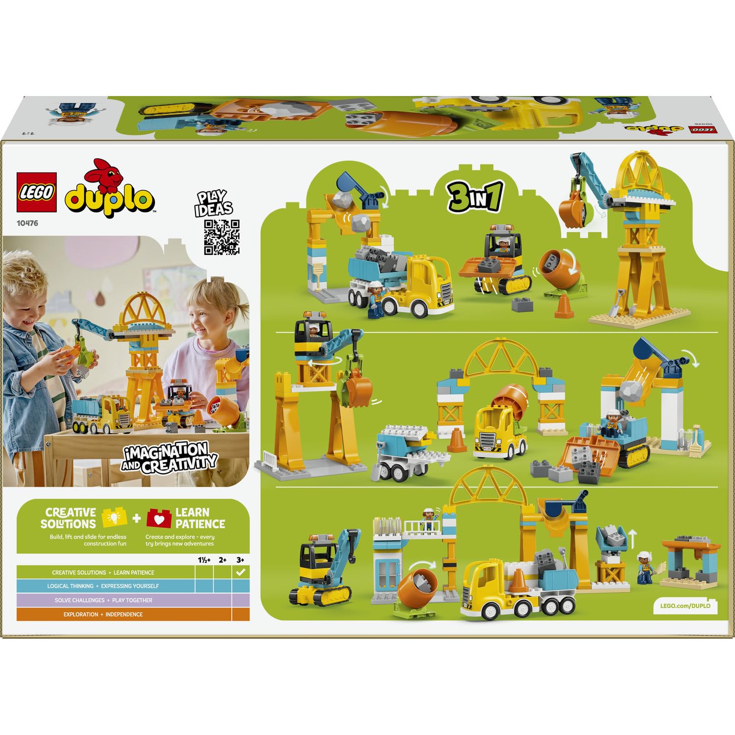 LEGO DUPLO Kasabası 3'ü 1 Arada İnşaat Sahası ve Araçları 10476-3 Yaş ve Üzeri Kız ve Erkek Çocuklar için 2 Figür İçeren Eğitici Oyuncak Yapım Seti, Çocuklara Doğum Günü Hediyesi Fikri (84 Parça)