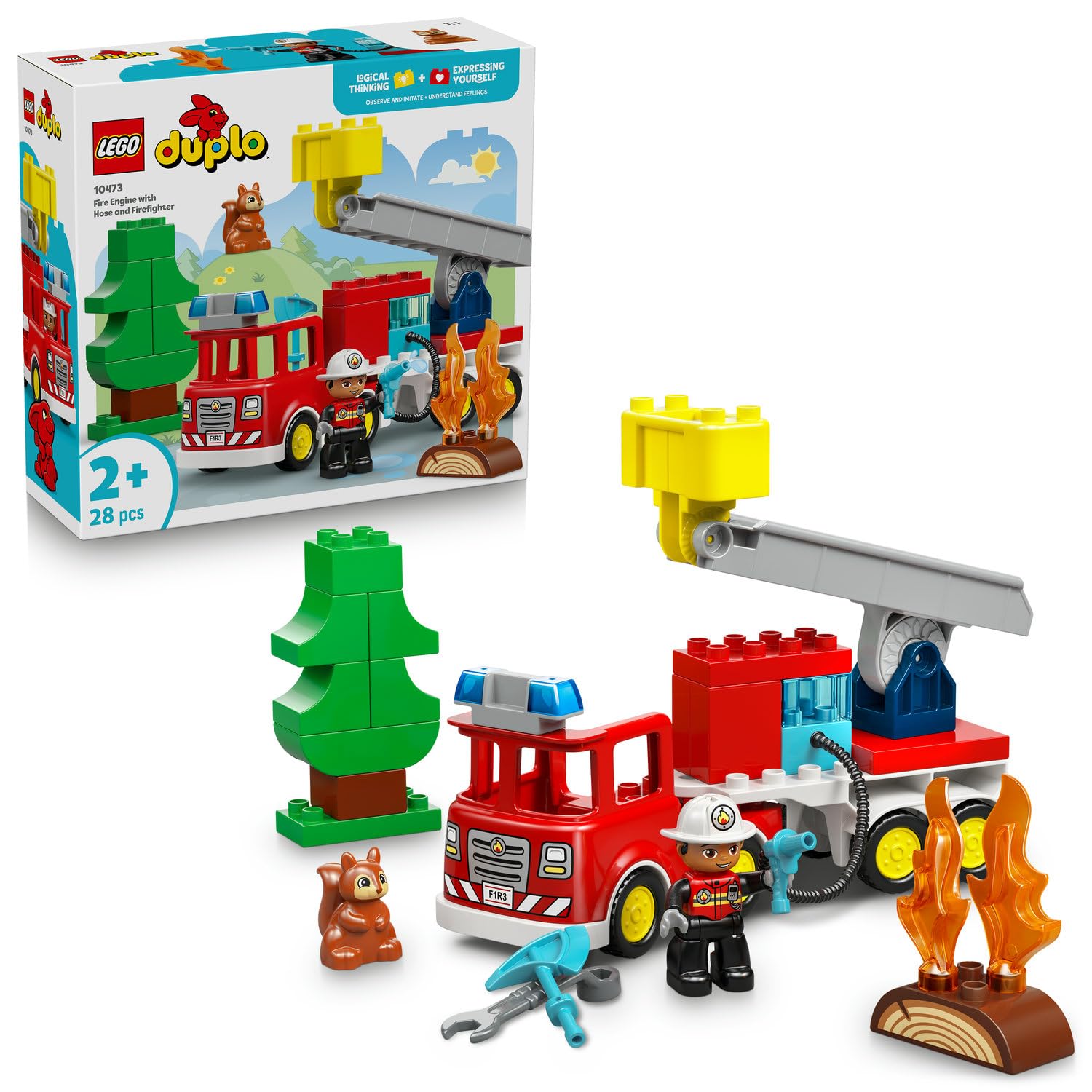 LEGO DUPLO Kasabası Hortumlu İtfaiye Aracı ve İtfaiyeci 10473-2 Yaş ve Üzeri Çocuklar için İtfaiyeci Figürü, Sincap, Balta ve Anahtar İçeren Eğitici Oyuncak Yapım Seti, Hediye Fikri (28 Parça)