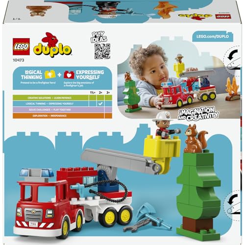 LEGO DUPLO Kasabası Hortumlu İtfaiye Aracı ve İtfaiyeci 10473-2 Yaş ve Üzeri Çocuklar için İtfaiyeci Figürü, Sincap, Balta ve Anahtar İçeren Eğitici Oyuncak Yapım Seti, Hediye Fikri (28 Parça)