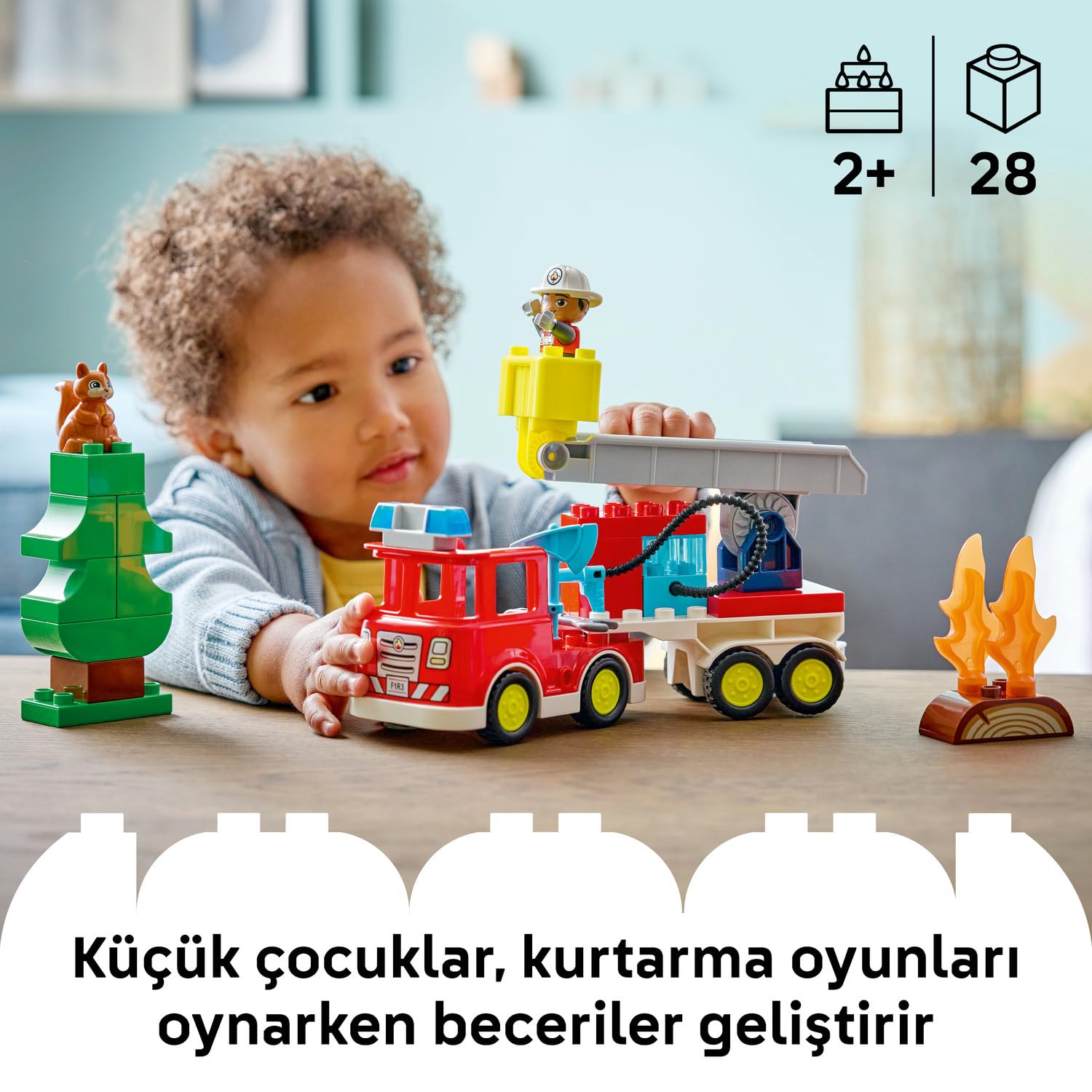 LEGO DUPLO Kasabası Hortumlu İtfaiye Aracı ve İtfaiyeci 10473-2 Yaş ve Üzeri Çocuklar için İtfaiyeci Figürü, Sincap, Balta ve Anahtar İçeren Eğitici Oyuncak Yapım Seti, Hediye Fikri (28 Parça)