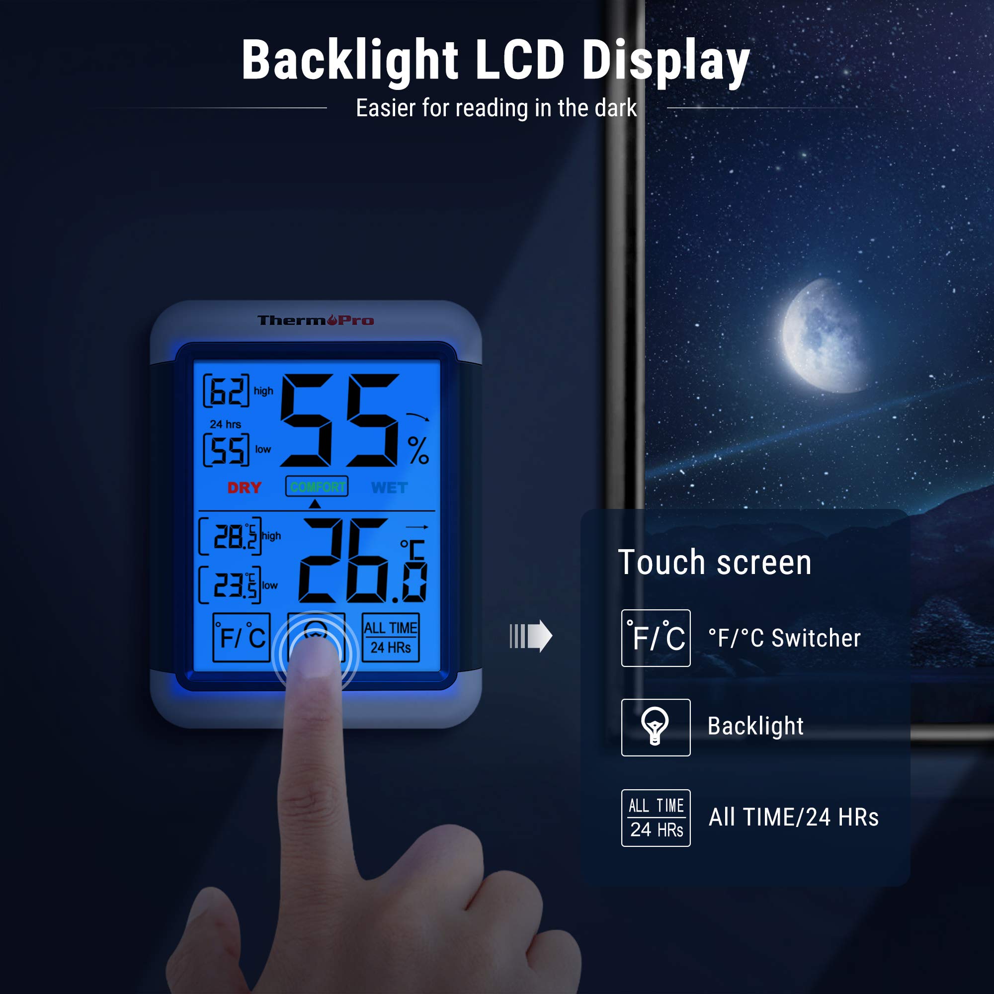 ThermoPro TP55 Dijital İç Mekan Termometre ve Nem Ölçer, 10 cm Dokunmatik ve Işıklı Dev Ekranlı Oda Sensörü