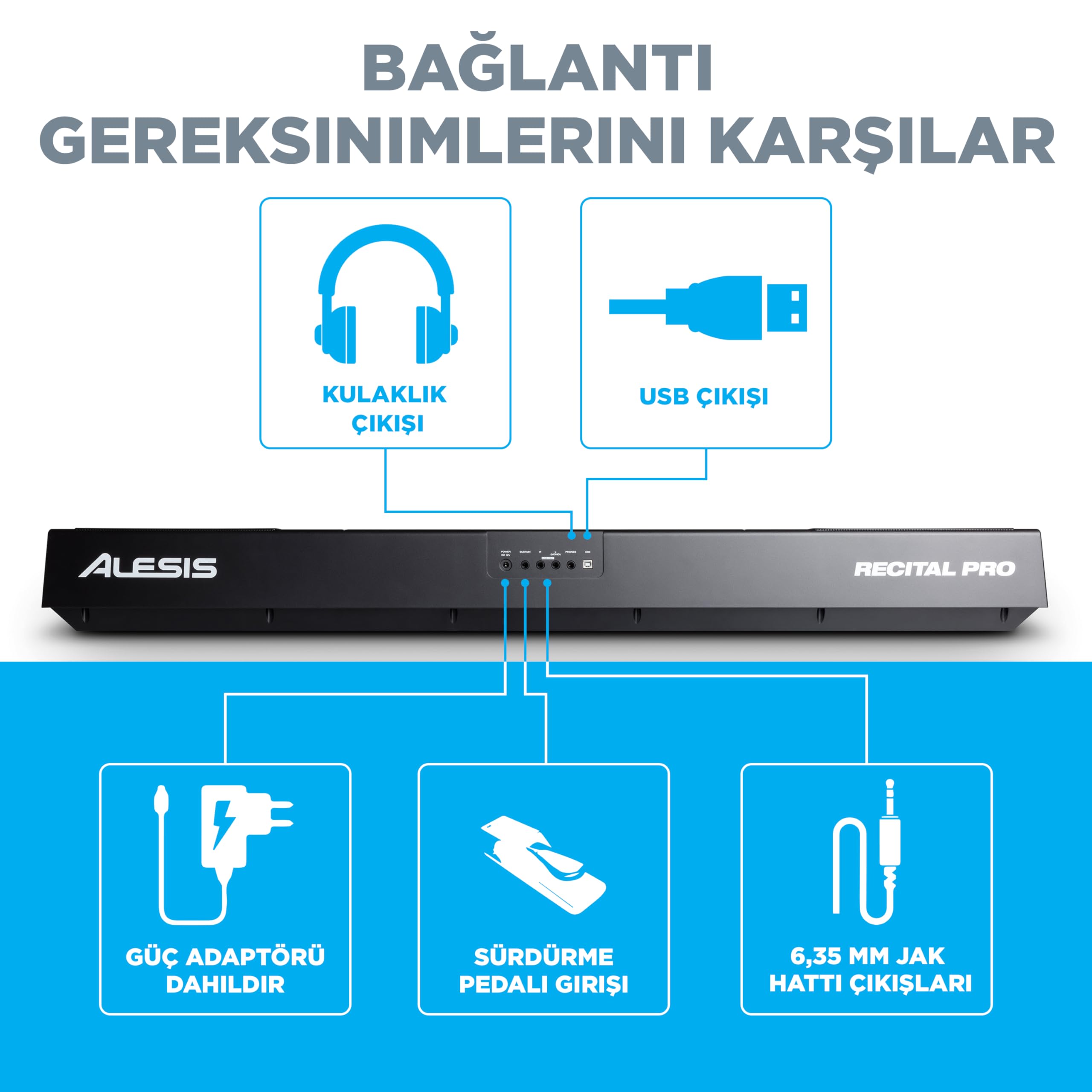 Alesis Recital Pro - Dijital Piyano Klavye 88 Ağırlıklı Çekiç Hareketli Tuşu, 12 Premium Ses ve Dahili Hoparlörlü