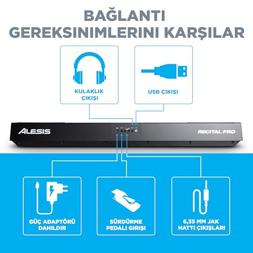 Alesis Recital Pro - Dijital Piyano Klavye 88 Ağırlıklı Çekiç Hareketli Tuşu, 12 Premium Ses ve Dahili Hoparlörlü