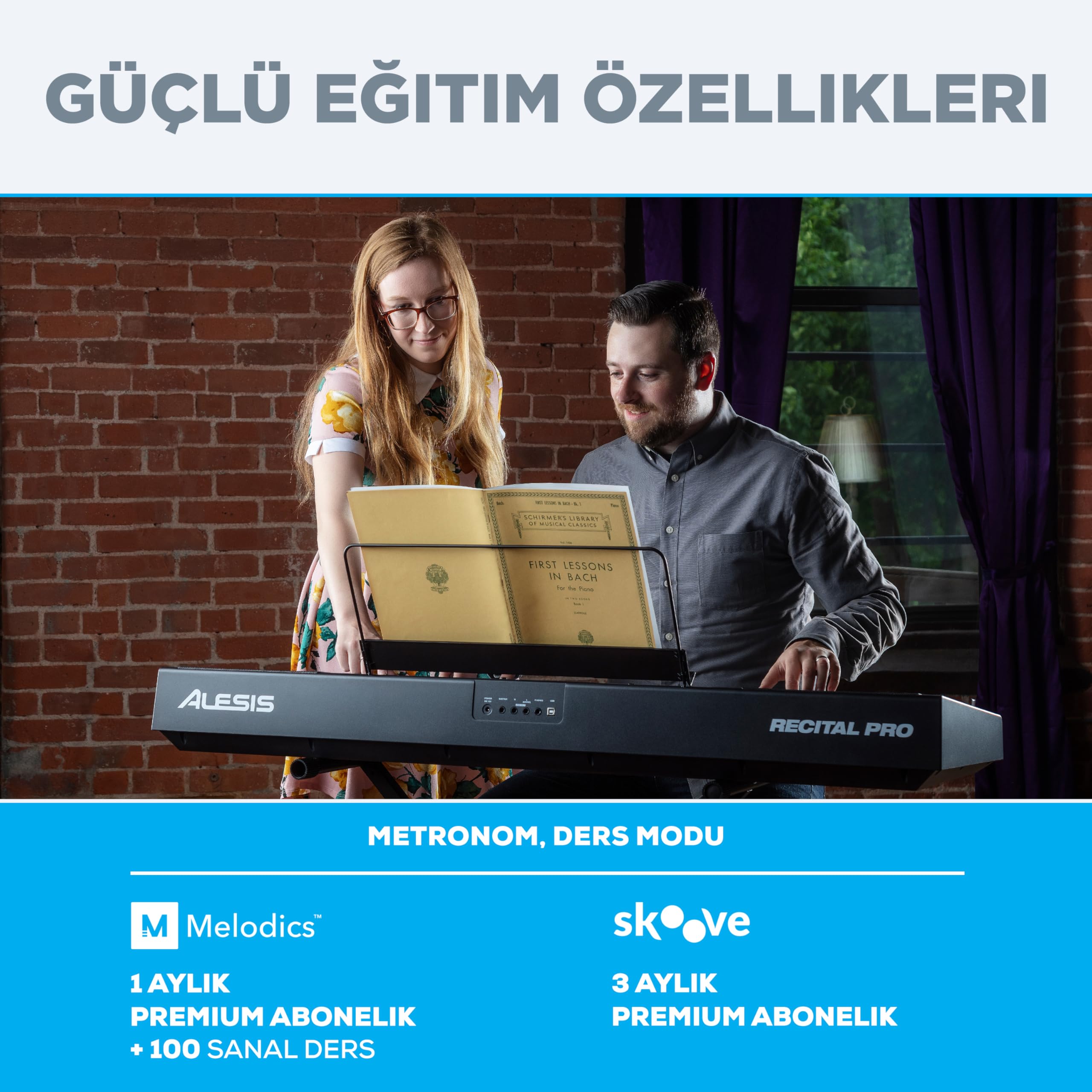 Alesis Recital Pro - Dijital Piyano Klavye 88 Ağırlıklı Çekiç Hareketli Tuşu, 12 Premium Ses ve Dahili Hoparlörlü