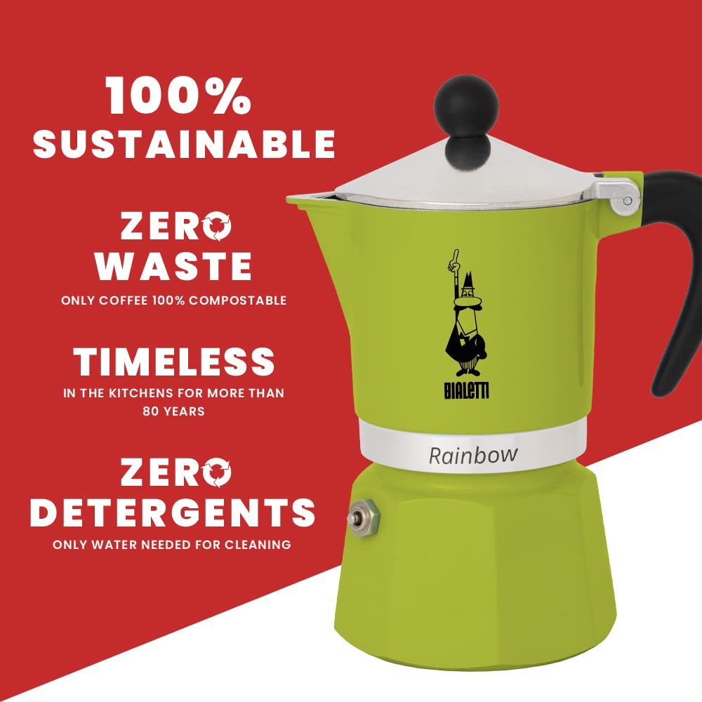 Bialetti - Rainbow: 1 Cup Ocak Üstü Espresso Pişirici - 60ml - Yeşil Renk - Alüminyum Gövde - Patent