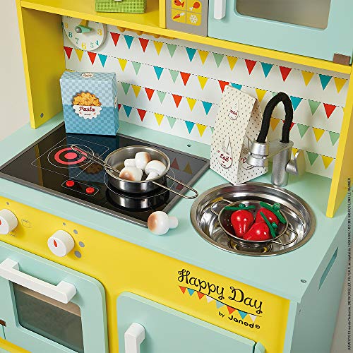 Janod - Büyük Ahşap Oyun Mutfak - Mutlu Günü - Rol Yapma Oyunu Oyuncak Kitchen - - buzdolabı ve mikrodalga fırın, Ses ve Işık ile Dahil 7 Aksesuarlar - 3 Yaşında itibaren, J06564