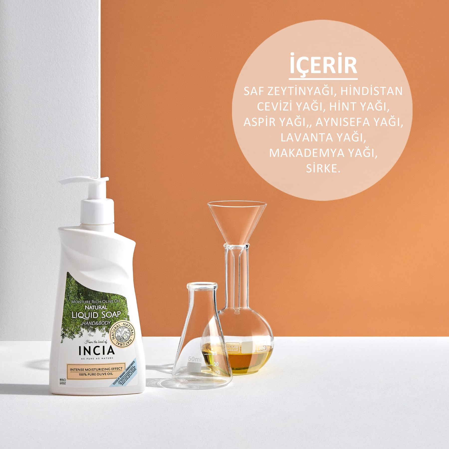 INCIA%100 Doğal Sıvı Kastil Sabunu Yoğun Nemlendirici Zeytinyağlı 10 Bitkisel Değerli Yağ Vegan 250 ml