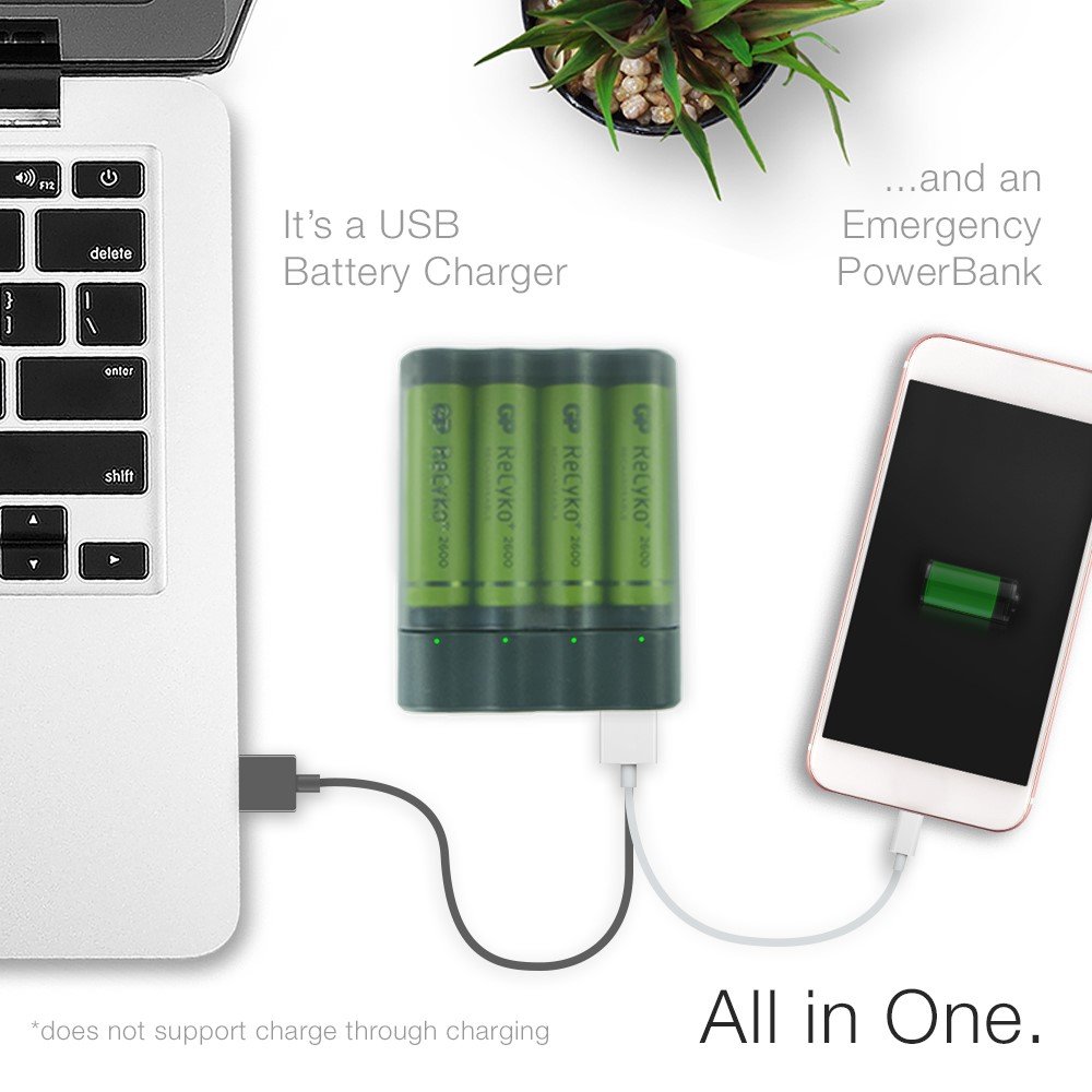 GP Batteries GPX411 ChargeAnyWay 2-in-1 Pil Şarj Cihazı + Anlık Powerbank ve Recyko+ 4 Adet 2700 AA Kalem Pilli Set