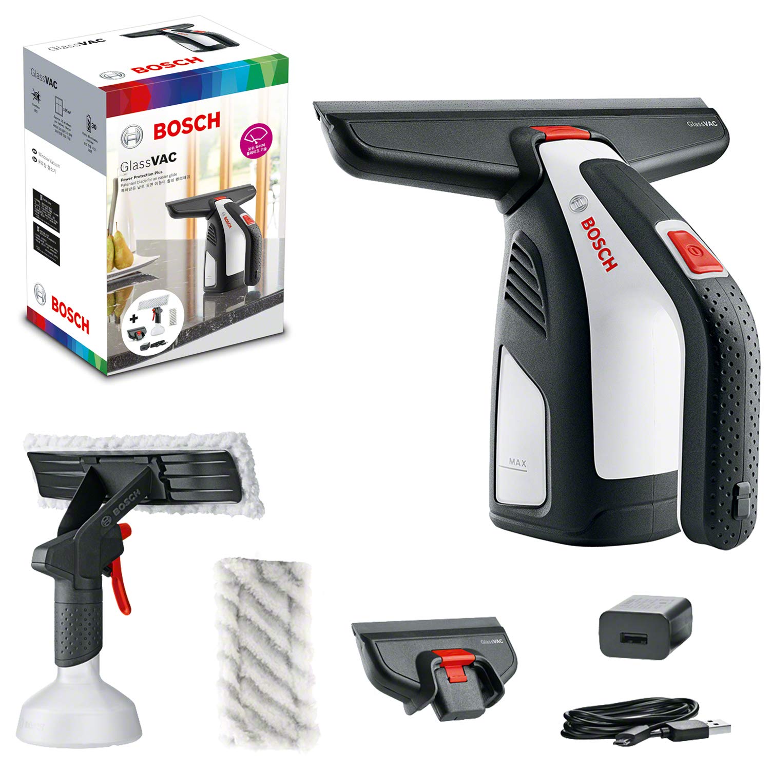 Bosch Home And Garden Akülü Pencere Temizleyici, Glassvac Cam Temizleyici, Premium Paket, Pencere, Ayna ve Duş Temizliği için, Çalışma Süresi Yaklaşık 35 Pencere, Karton Kutuda