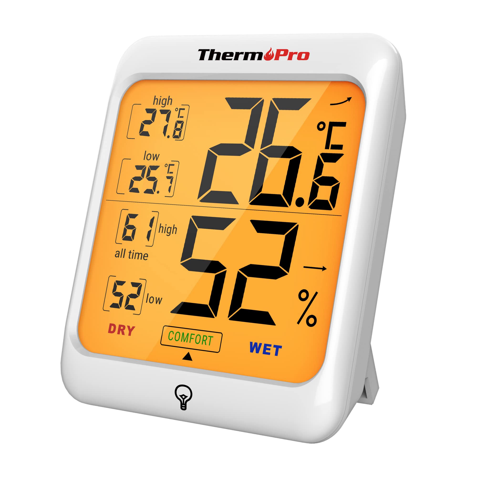 ThermoPro TP53 Dokunmatik ve Işıklı Ekranlı Dijital Termometre, Yüksek Hassasiyetli İç Mekan Nem Ölçer, Hava Konfor Göstergeli Higrometre, Tüm Zamanlar/24 Saat Kayıt, Manyetik Standlı