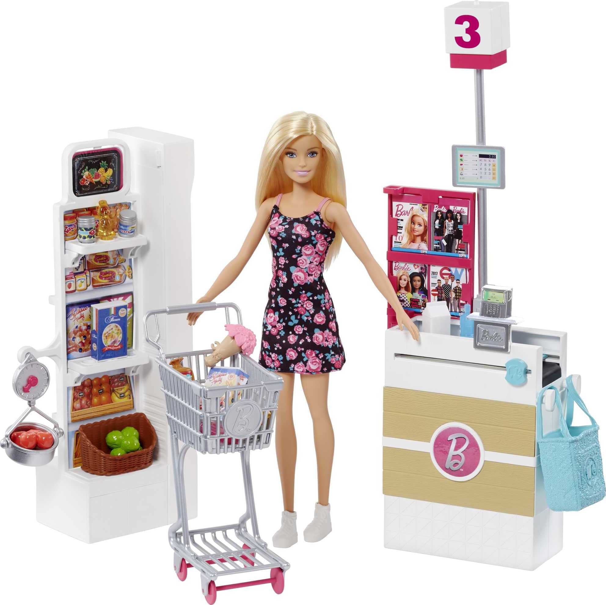 Barbie Süpermarkette Oyun Seti, Alışveriş Sepeti ve 25'ten Fazla Aksesuar Dahil FRP01