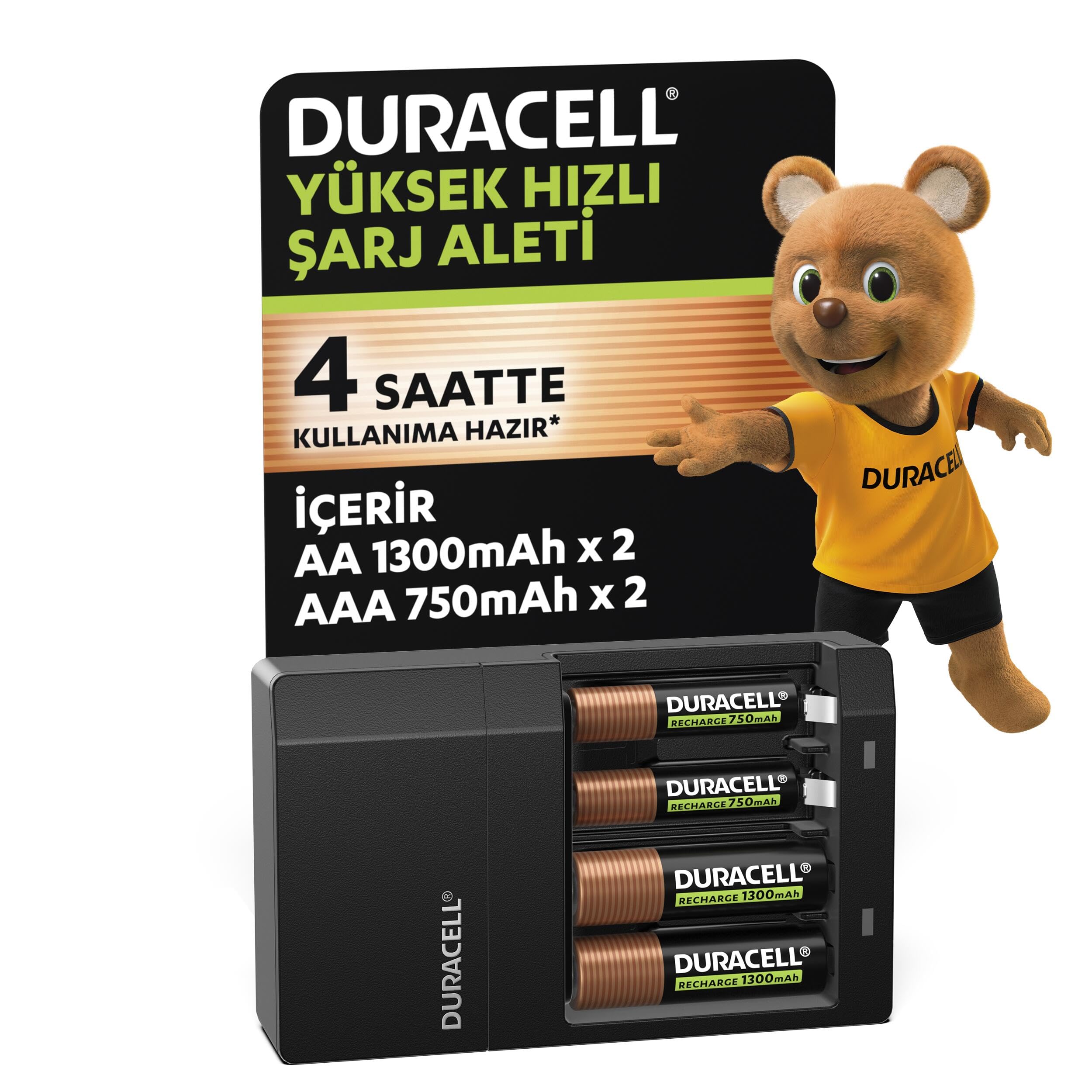 Duracell CEF 14 Pil Şarj Cihazı, 4 saat (1 adet) ve Şarj Edilebilir AA ve AAA Pil (2'şer adet)