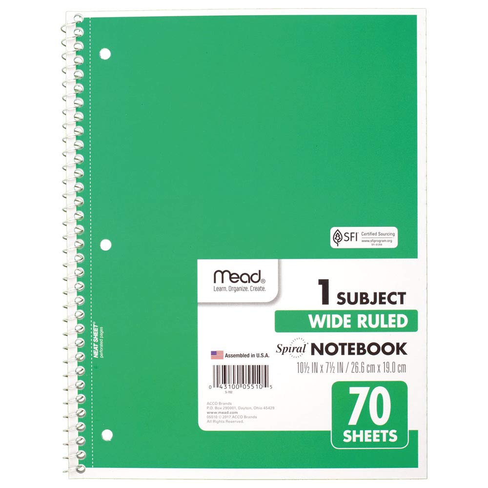 Mead Spiral Defter, 1 Konu, Geniş Çizgili Kağıt, 70 Yaprak, 10-1/2" x 8", Yeşil (05510AC5)