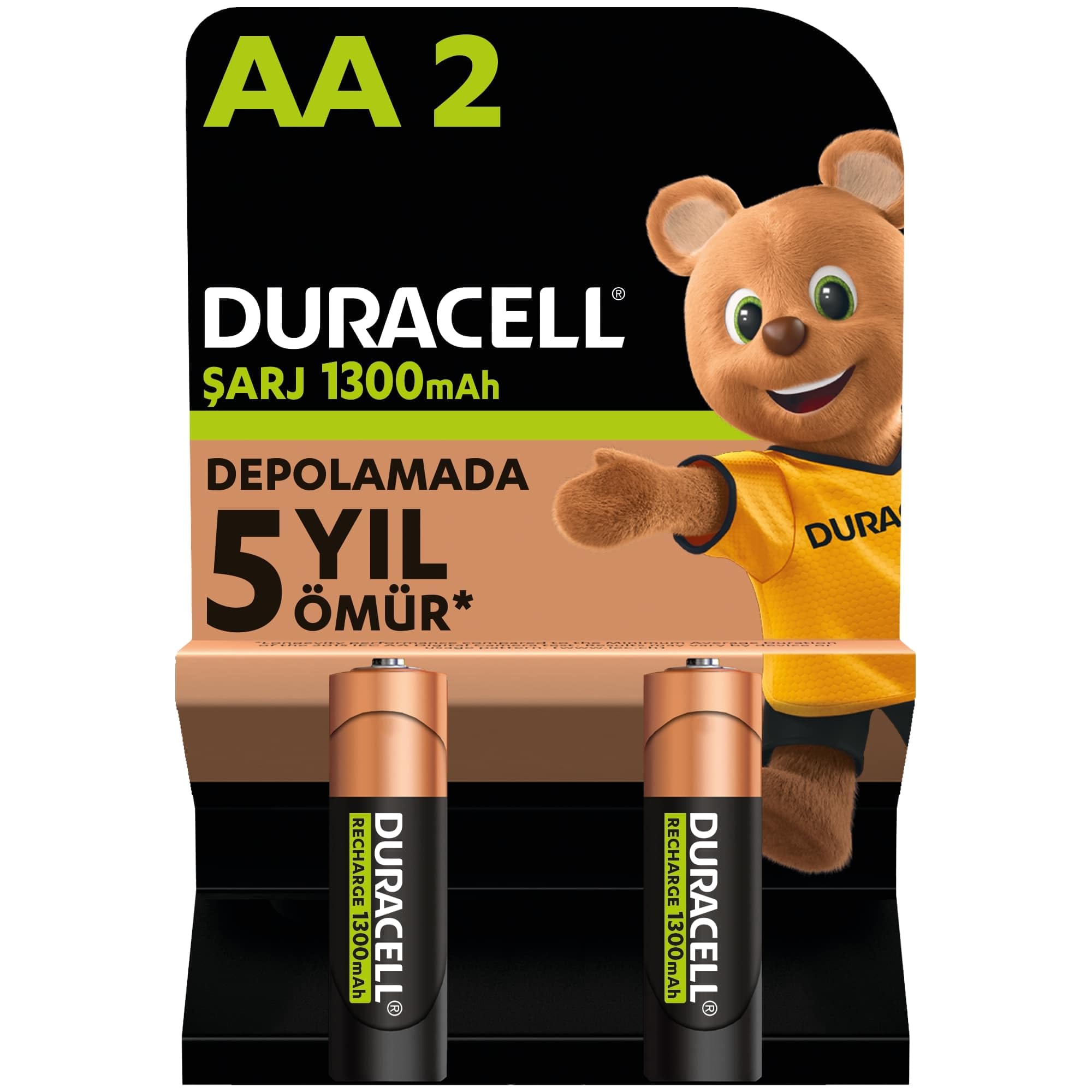 Duracell Şarj Edilebilir Pil AA Kalem (2'li Paket), 1300 mAh NiMH, 2000 Sarj Döngüsü, Önceden Sarj E