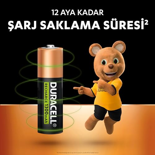 Duracell Şarj Edilebilir Pil AA Kalem (2'li Paket), 1300 mAh NiMH, 2000 Sarj Döngüsü, Önceden Sarj E