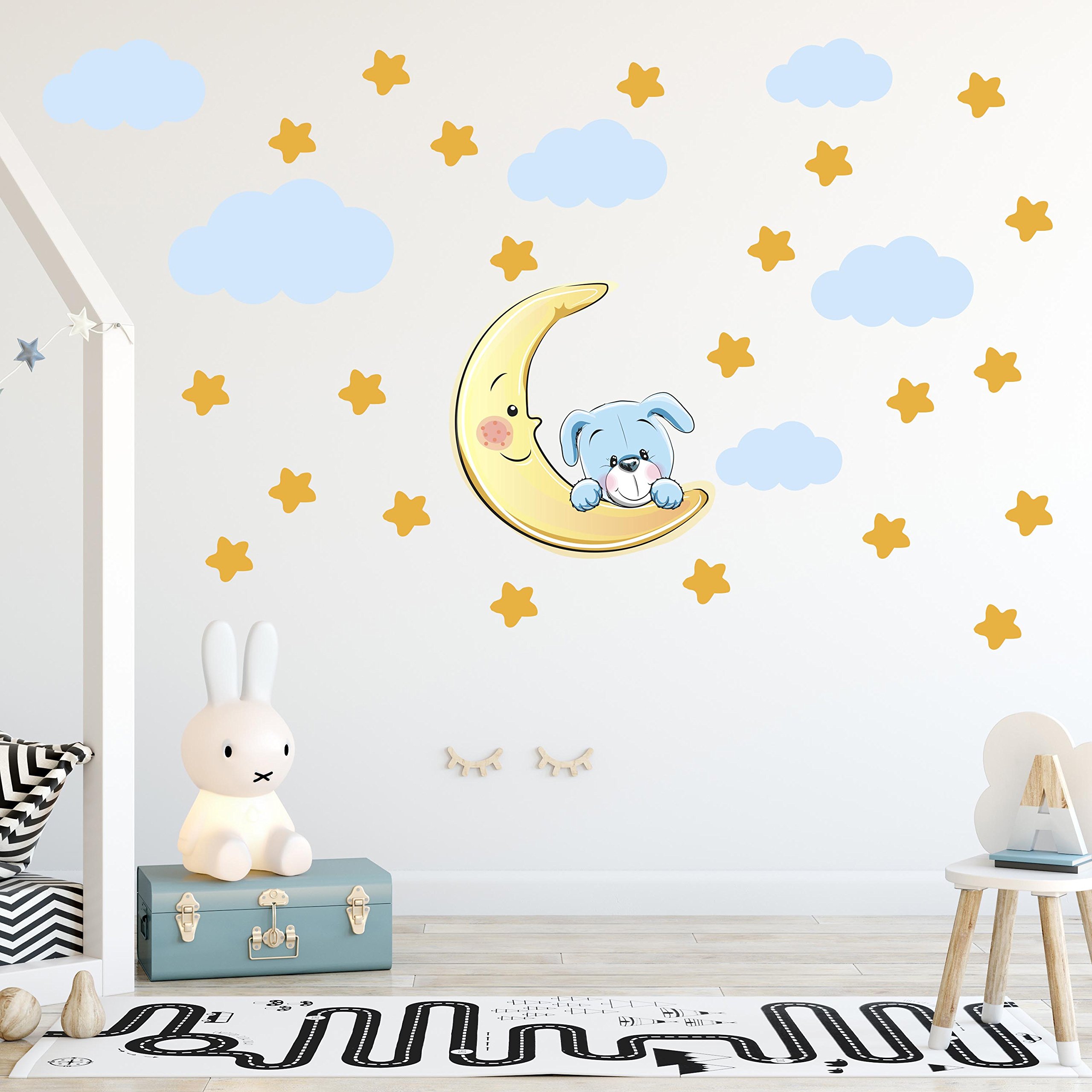 TilkiDünyası Sevimli Köpekcik Sarı Yıldızlar ve Mavi Bulutlar Dekoratif Bebek Çocuk Odası Duvar Sticker