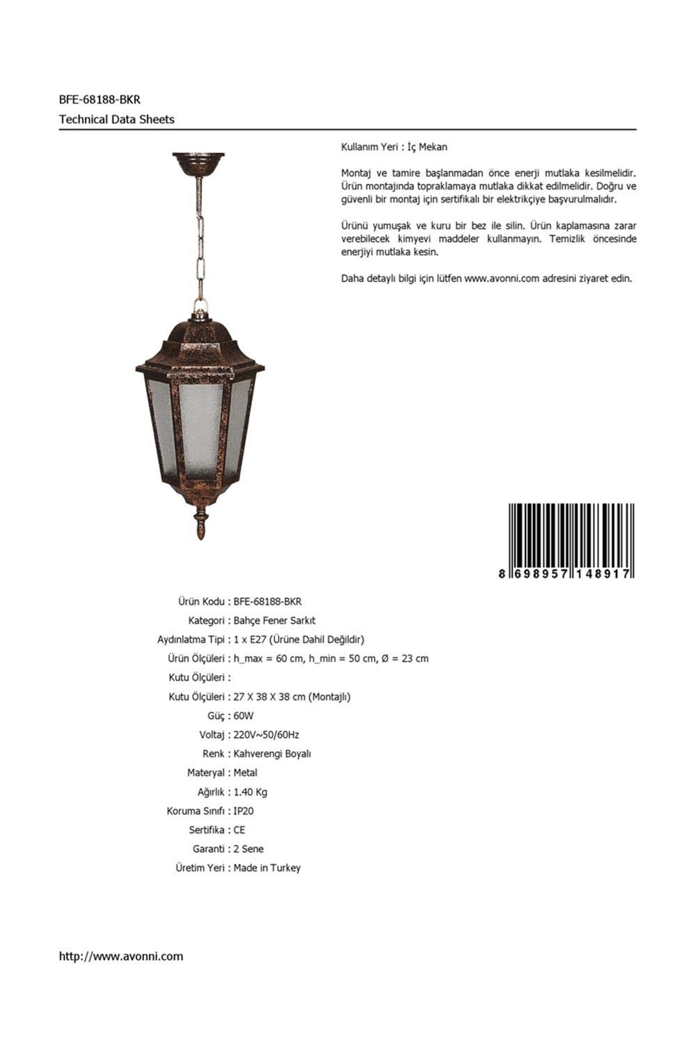 Avonni Bfe-68188-Bkr Kahverengi Elektrostatik Toz Boyalı Dış Mekan Aydınlatma, E27, Abs, Akrilik Cam, 23Cm