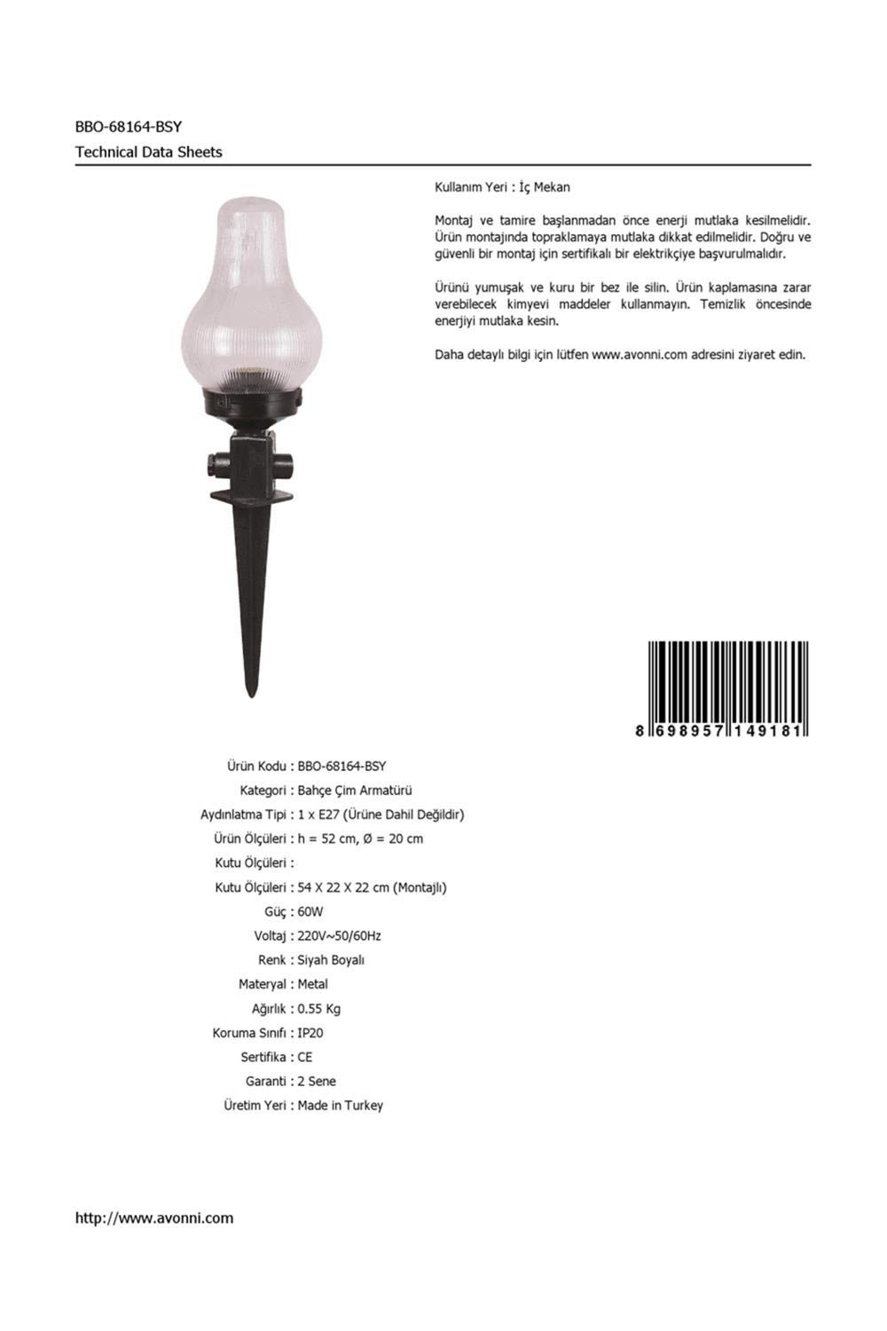 AVONNI BBO-68164-BSY Siyah Elektrostatik Toz Boyalı Dış Mekan Aydınlatma, E27, ABS, Akrilik Cam, 20cm