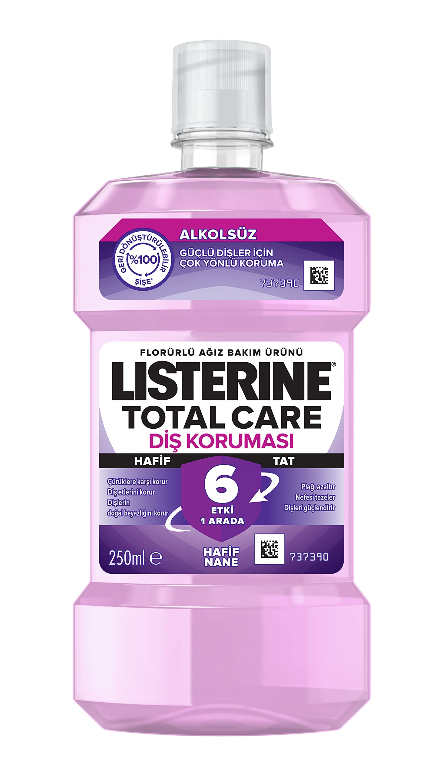 listerine, total care, diş koruyucu, 6 etkili florürlü ağız bakım ürünü, hafif tat, sıfır alkol, nane aromalı, 250ml