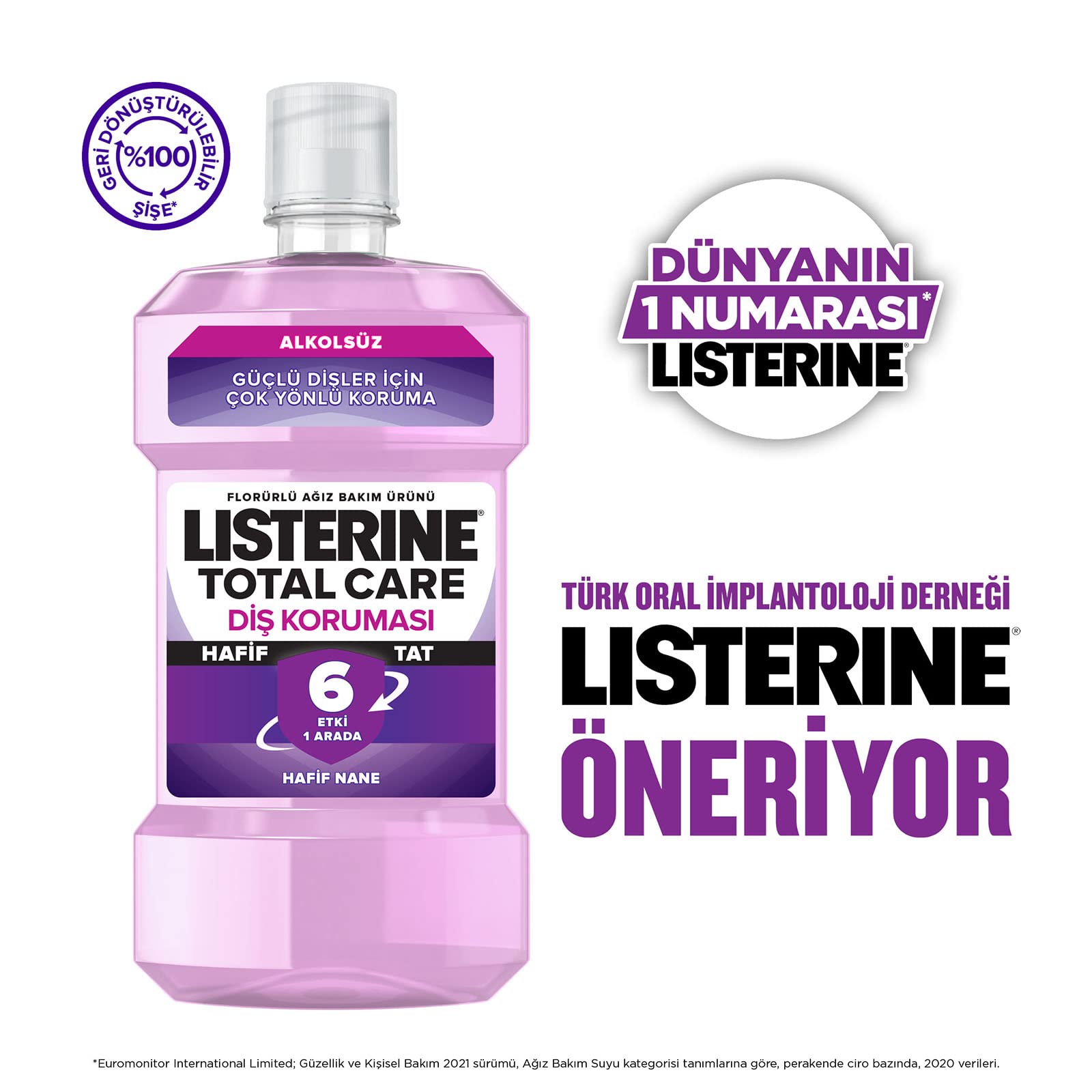 listerine, total care, diş koruyucu, 6 etkili florürlü ağız bakım ürünü, hafif tat, sıfır alkol, nane aromalı, 250ml