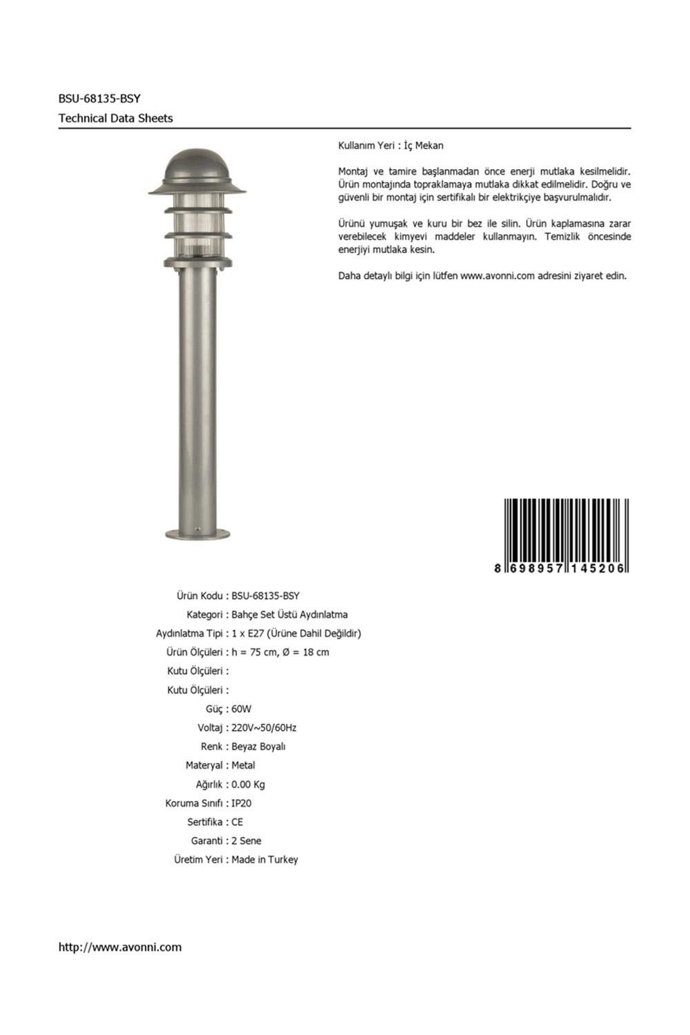 Avonni BSU-68135-BSY Beyaz Elektrostatik Toz Boyalı Dış Mekan Aydınlatma, E27, Aluminyum, Polikarbon Cam, 18 Cm